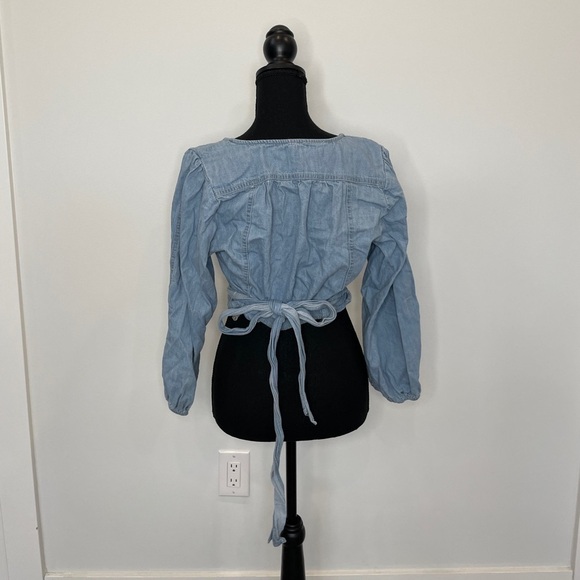 Free People Sophie Light Wash Denim Balloon Sleeve Wrap Crop Top - Picture 7 of 10